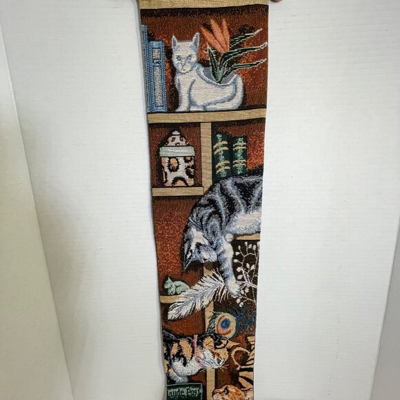 Vintage Cat Theme Woven Tapestry Wall Hanging 21" X 5.75" With Wooden Rod & Loop - Picture 3 of 9